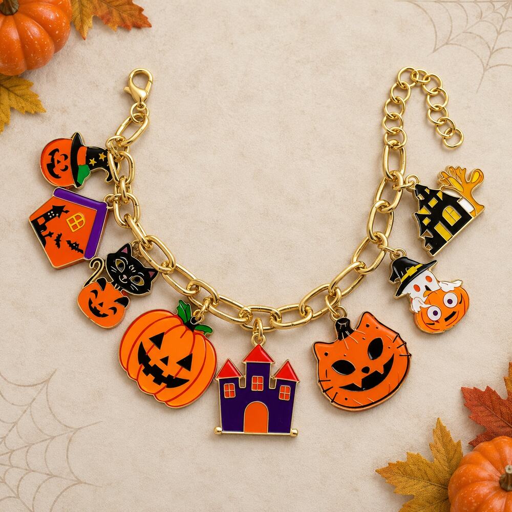 Halloween Charm Bracelet Gold Tone Acrylic Pumpkin Cat Witch Ghost  B090